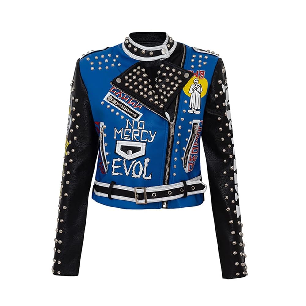 【punk leather jaket short】 Women Punk Spike Studded Shoulder Leather Jacket Motorcycle